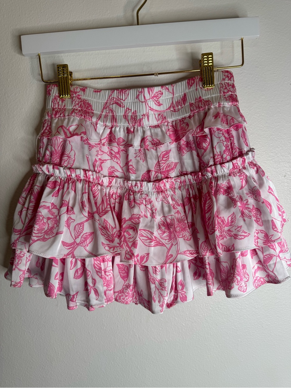 Tiered Pink Floral Mini Skirt with Ruffle Hem